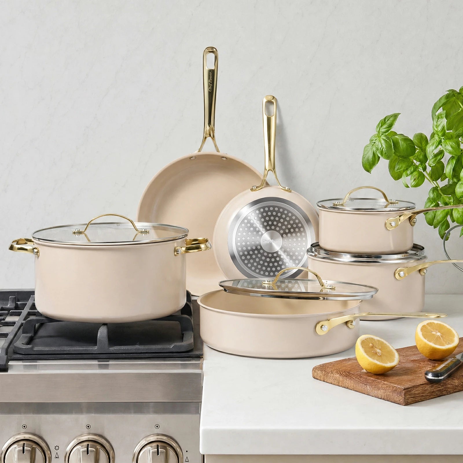 Chef Power Nontoxic 10-Piece Cookware Set Tempered Glass Lid with Stainless Steel Rim Taupe