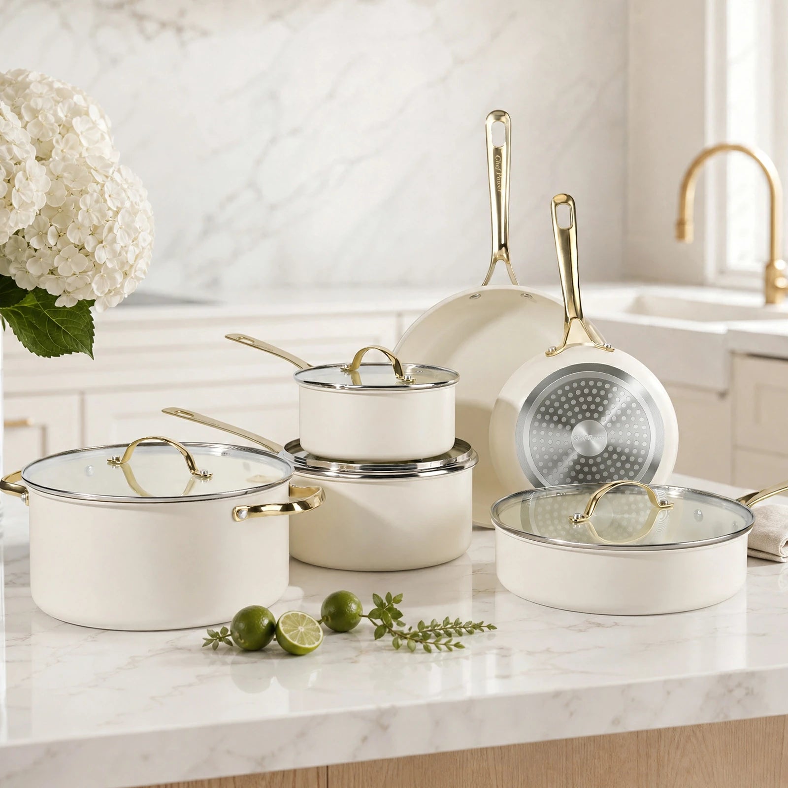 Chef Power Nontoxic 10-Piece Cookware Set Tempered Glass Lid with Stainless Steel Rim White
