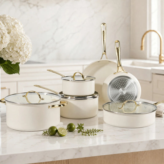 Chef Power Nontoxic 10-Piece Cookware Set Tempered Glass Lid with Stainless Steel Rim White