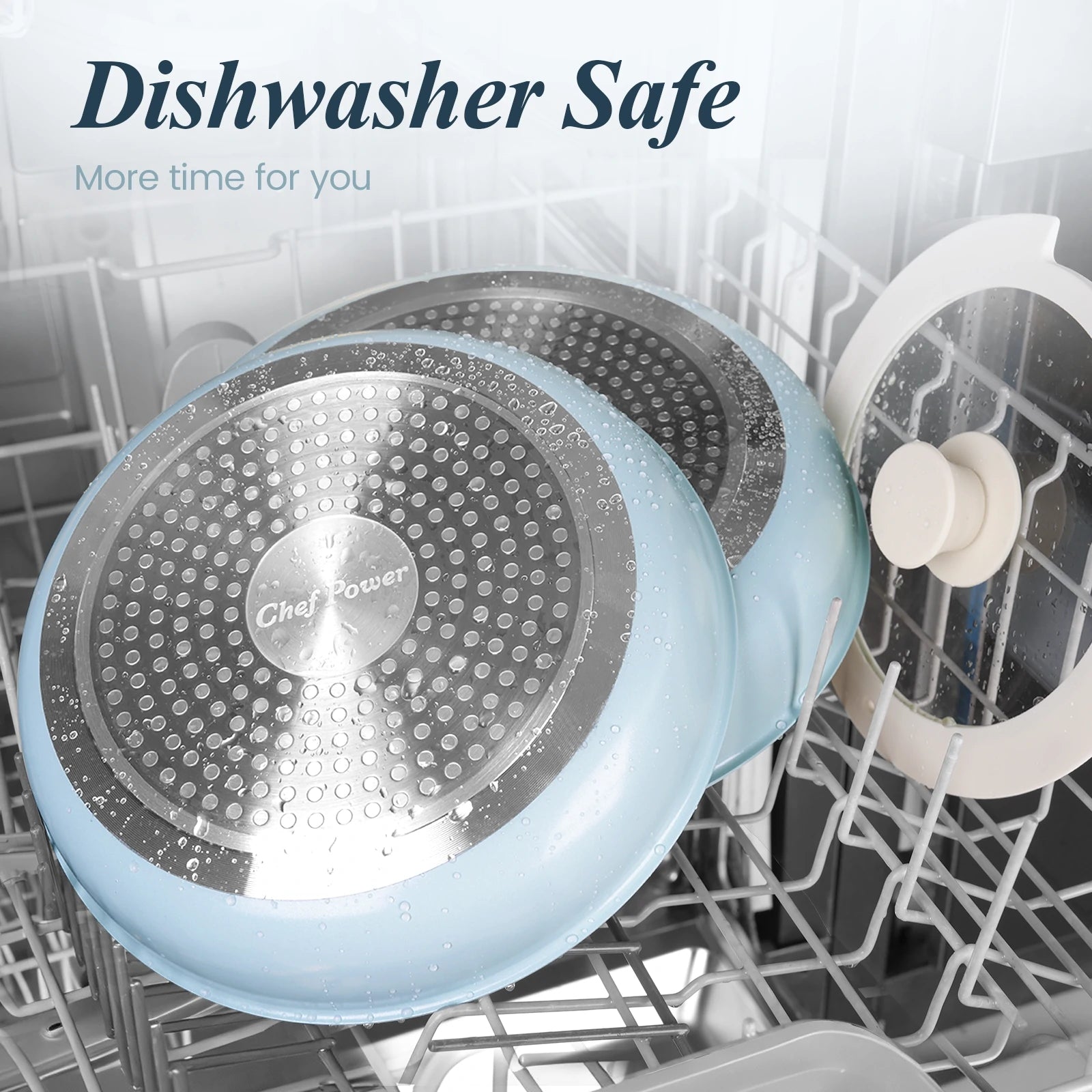 Chef Power Ceramic Non Toxic Cookware Sets with Detachable Handle Dishwasher Safe Light Blue