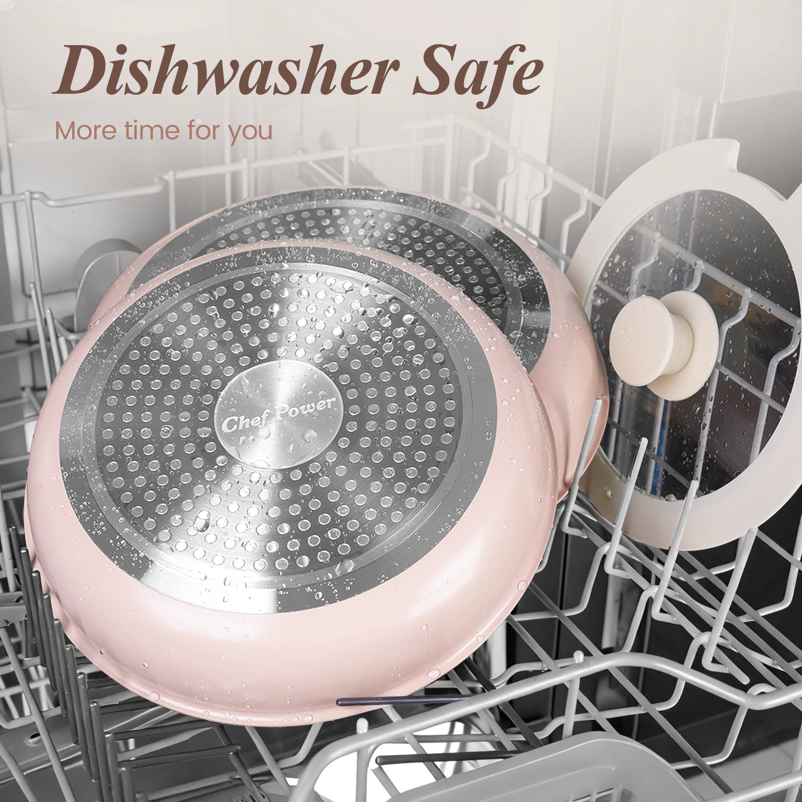 Chef Power Ceramic Non Toxic Cookware Sets with Detachable Handle Dishwasher Safe Light Pink