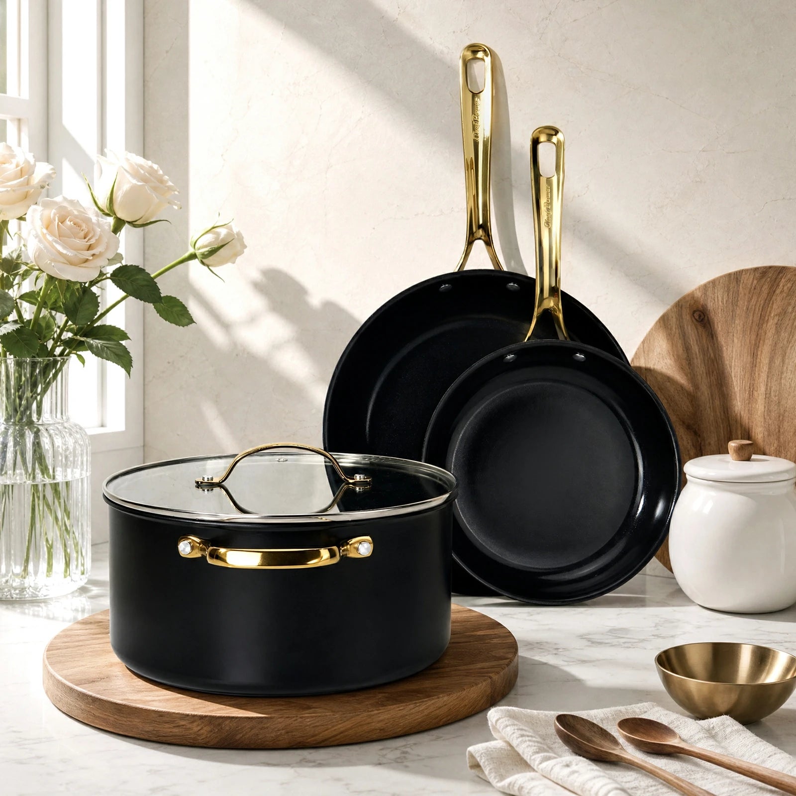 Chef Power Nontoxic Cookware Set Tempered Glass Lid with Stainless Steel Rim Black