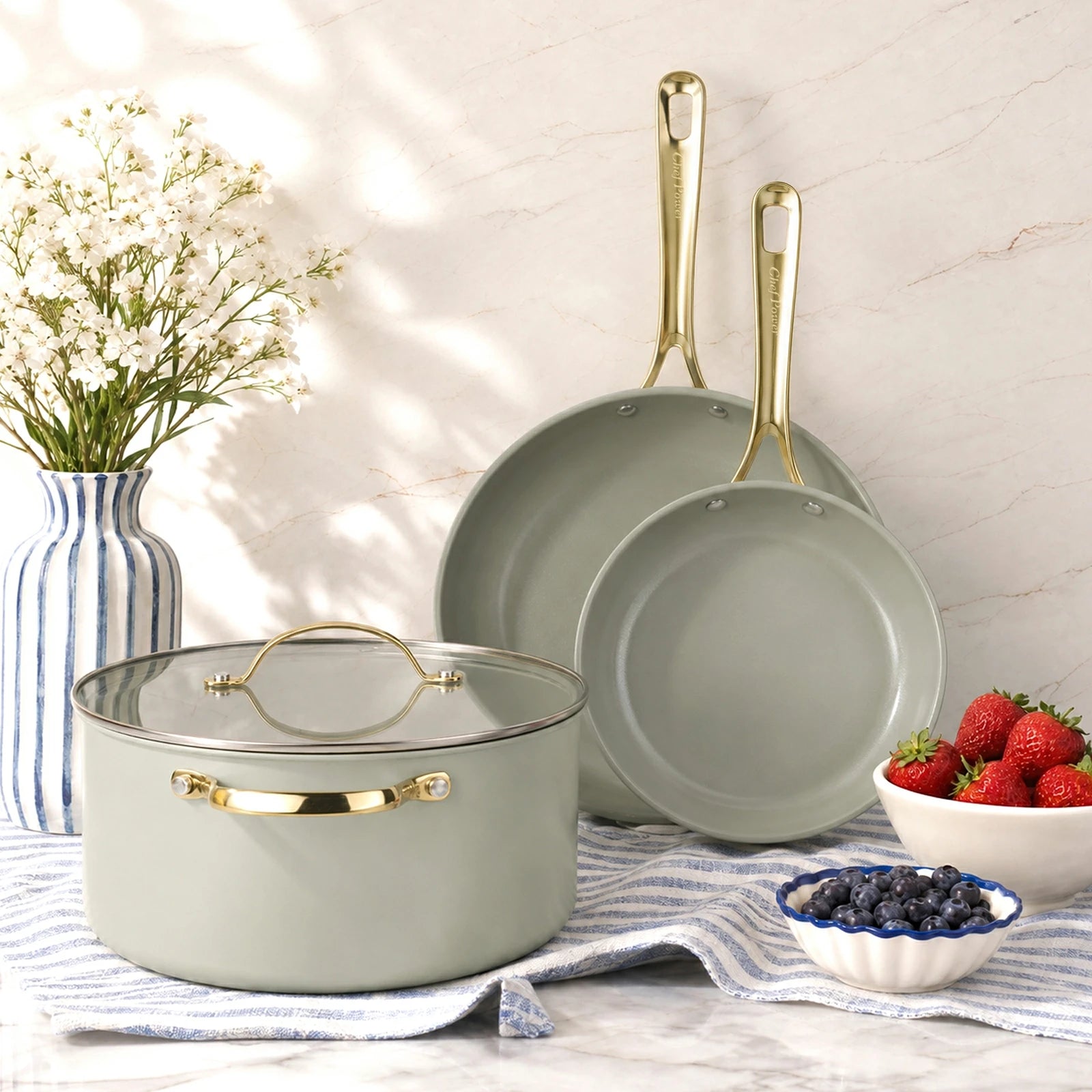 Chef Power Nontoxic Cookware Set Tempered Glass Lid with Stainless Steel Rim Sage Green