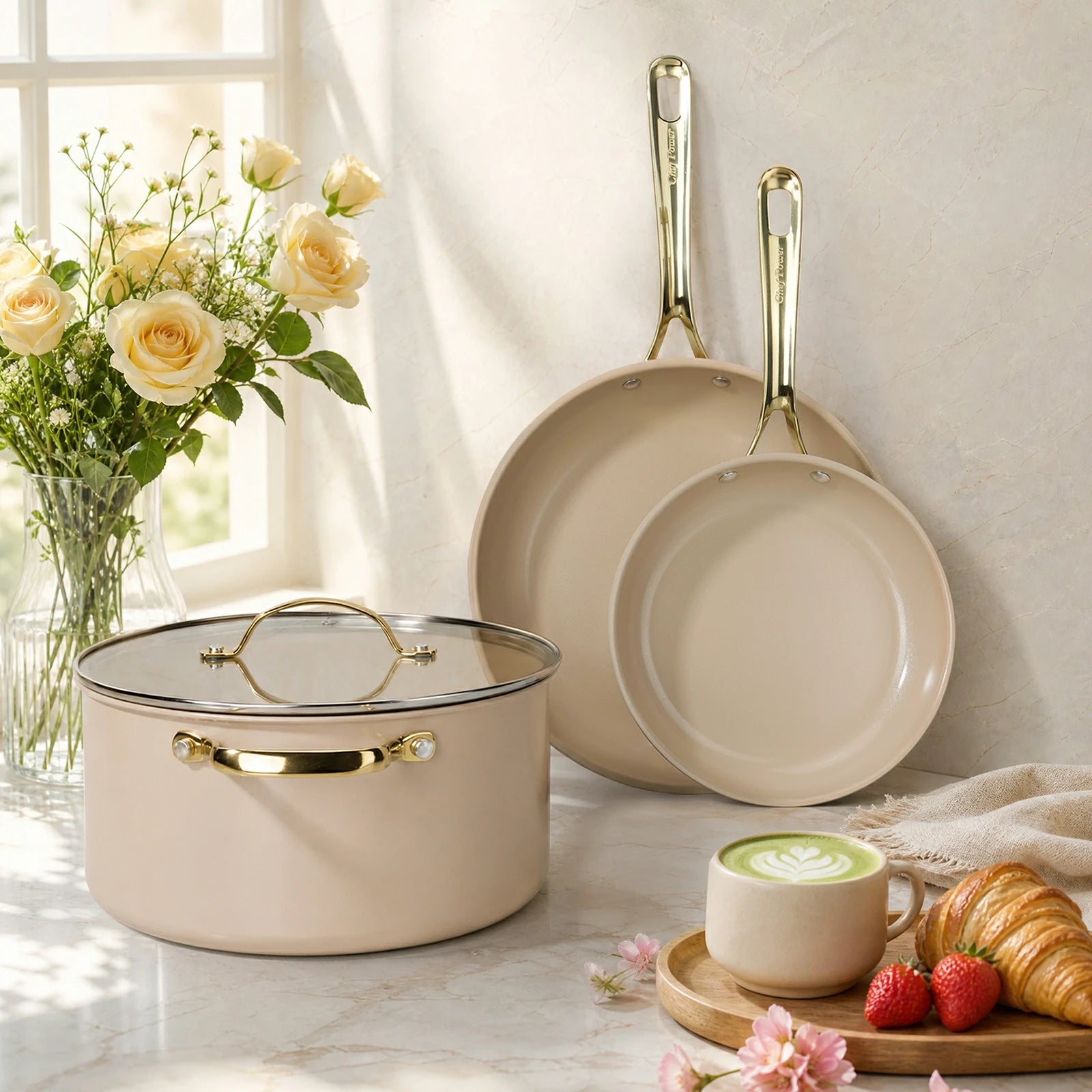 Chef Power Nontoxic Cookware Set Tempered Glass Lid with Stainless Steel Rim Taupe