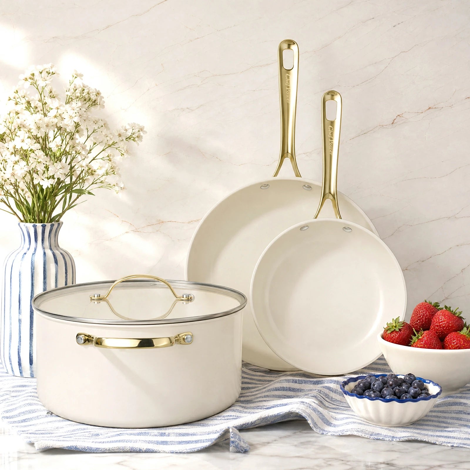 Chef Power Nontoxic Cookware Set Tempered Glass Lid with Stainless Steel Rim White