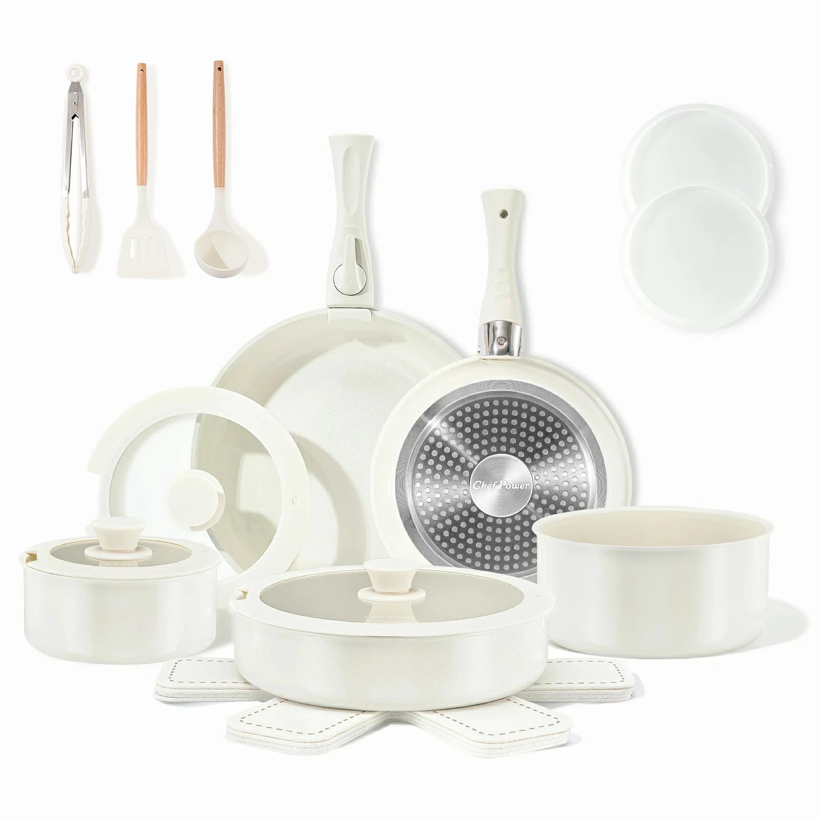 Chef Power Ceramic Nonstick Nontoxic Cookware Set with Detachable Handle Cream White Color 19-Piece Set