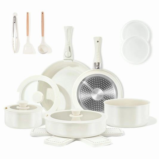 Chef Power Ceramic Nonstick Nontoxic Cookware Set with Detachable Handle Cream White Color 19-Piece Set