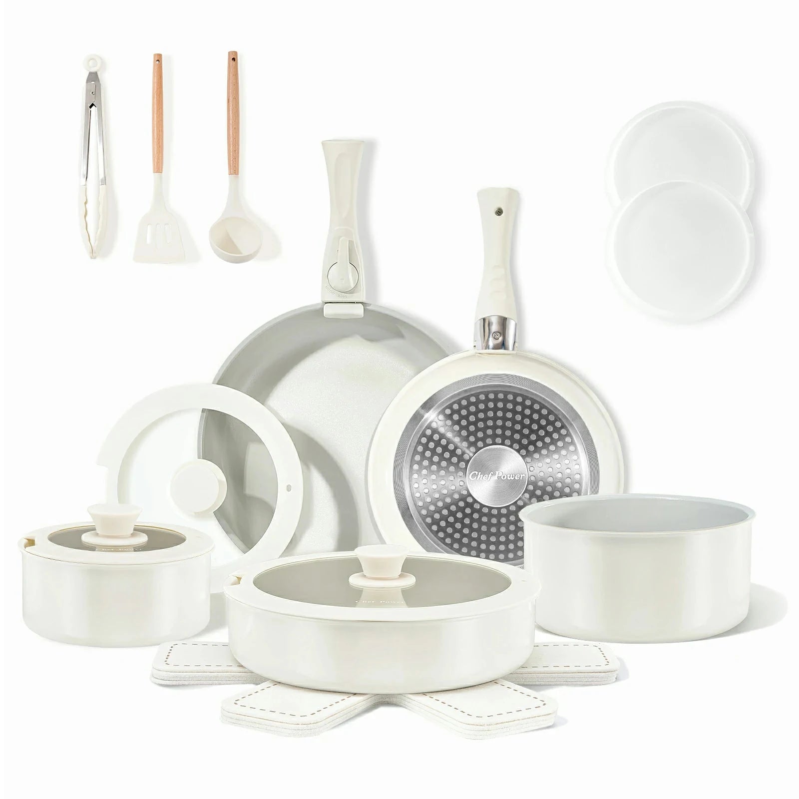 Chef Power Ceramic Nonstick Nontoxic Cookware Set with Detachable Handle Gray Color 19-Piece Set