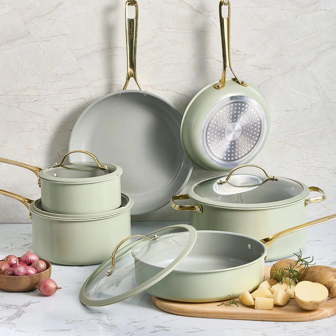 Stars Ceramic Non-Stick 15-Piece Cookware Set with Light Golden Handles ...