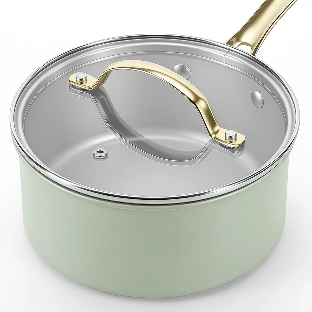 Chef Power Sage Green 1.5QT Sauce Pan Tempered Glass Lid with Stainless Steel Rim Detail