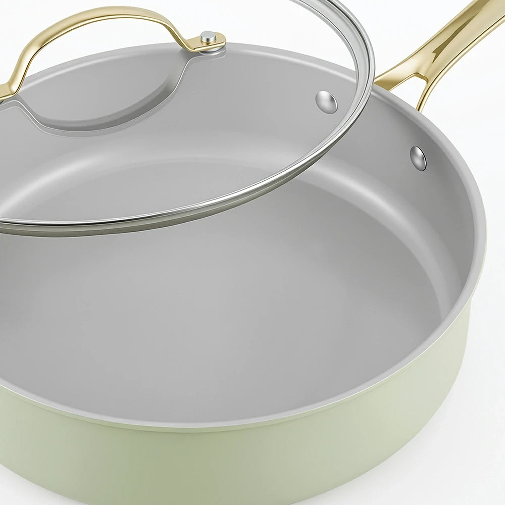 Chef Power Sage Green Saute Pan Tempered Glass Lid with Satinless Steel Rim Detail
