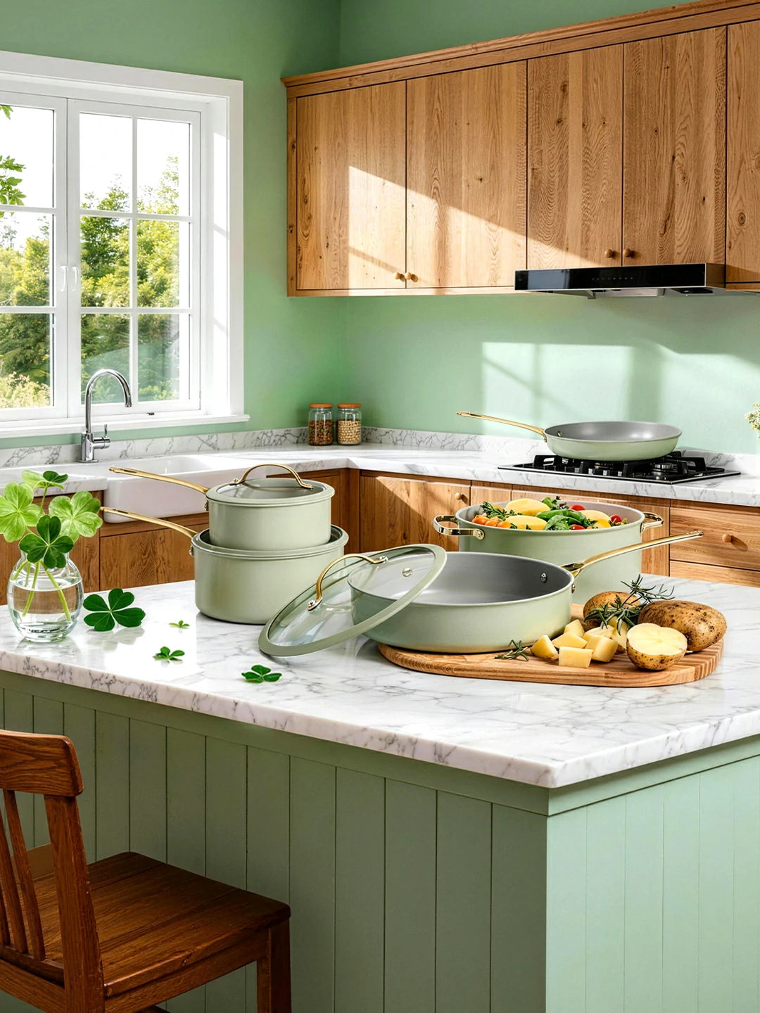 Chef Power St. Patrick's Day 15-Piece Nonstick Ceramic Cookware Set Sage Green