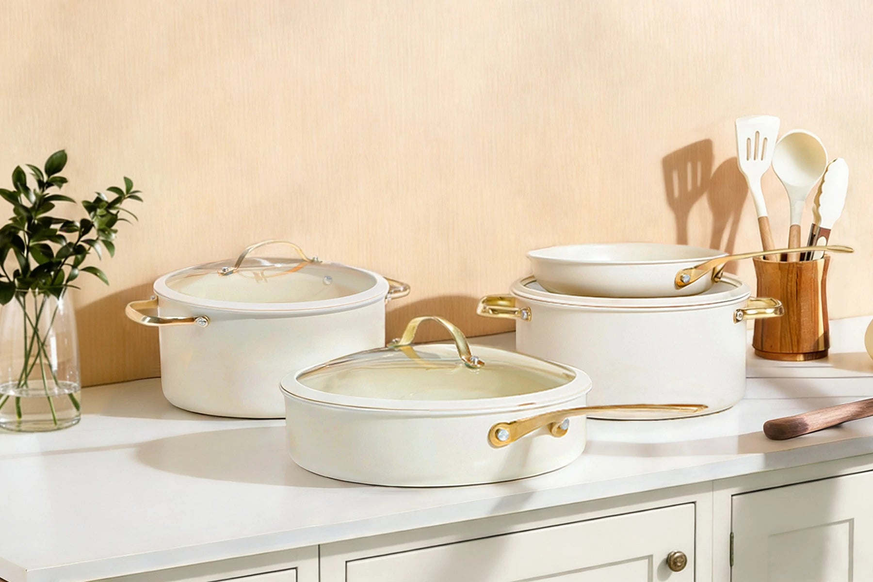 Chef Power Star 15-Piece Ceramic Nontoxic Cookware Set White whit Light Gold Stainless Steel Handle