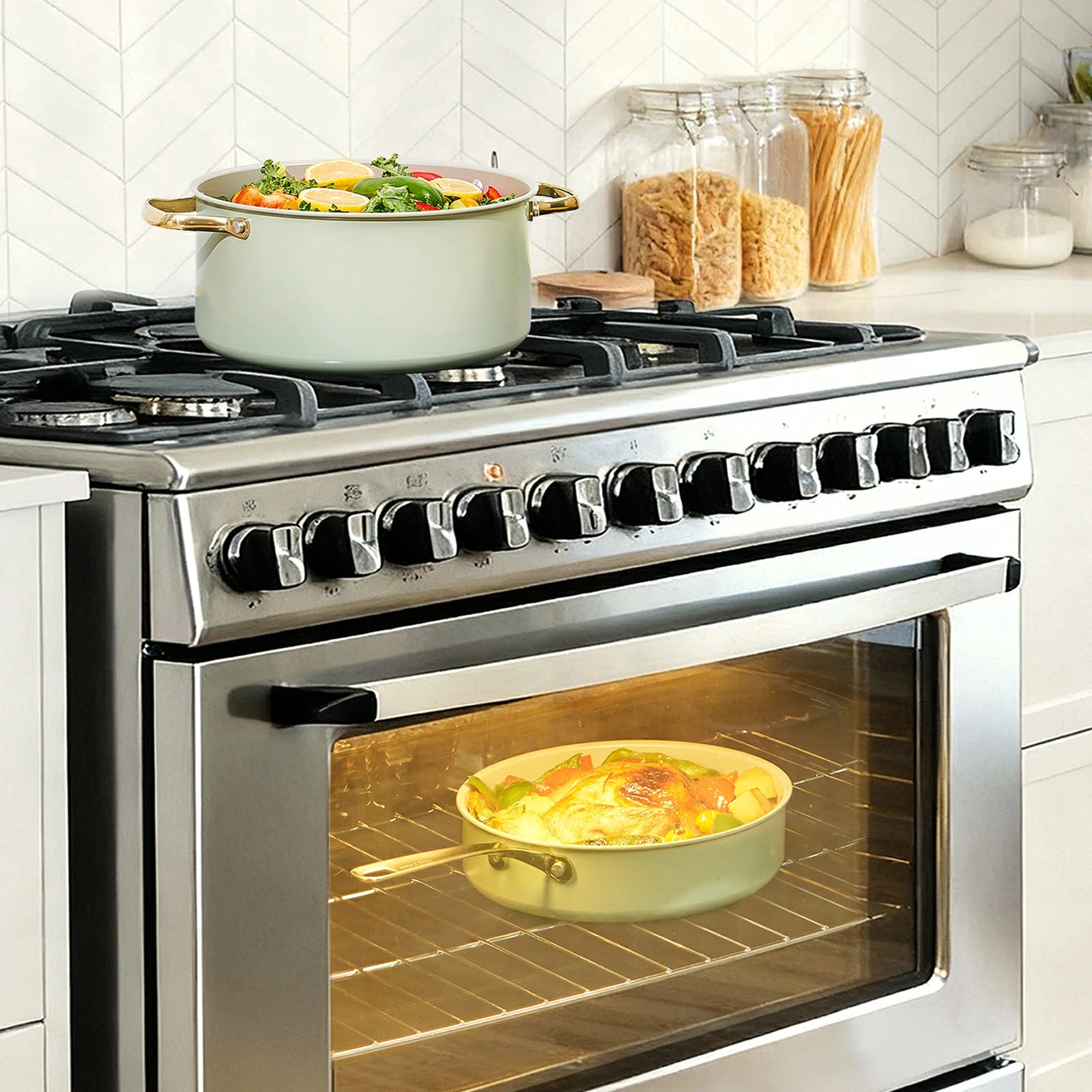 Chef Power Stars Nonstick Ceramic Cookware Oven Safe and Suitable for All Stovetops Sage Green