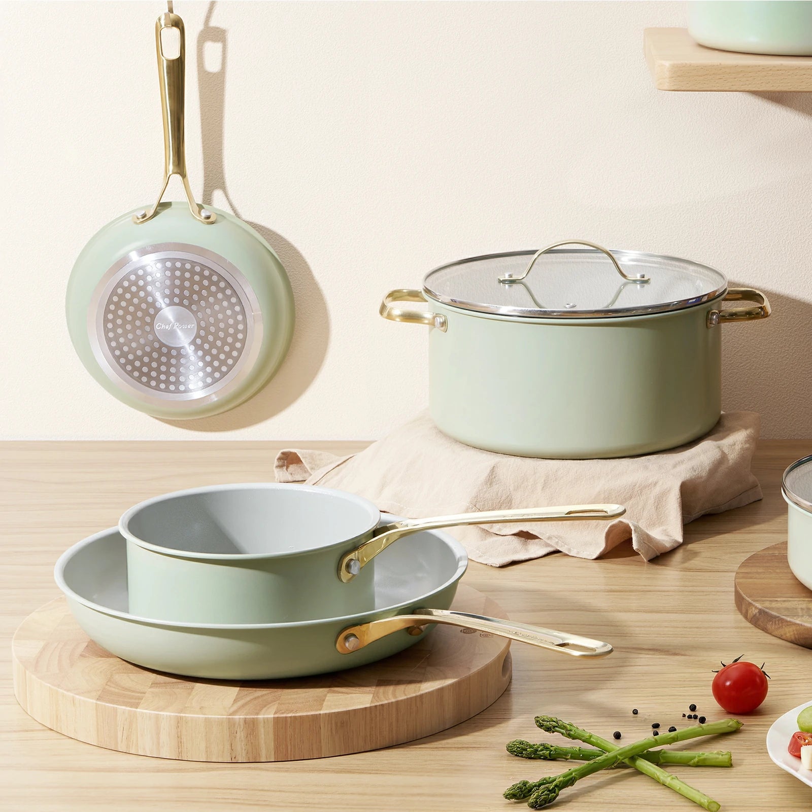 Chef Power Stars Nonstick Ceramic Cookware Sage Green