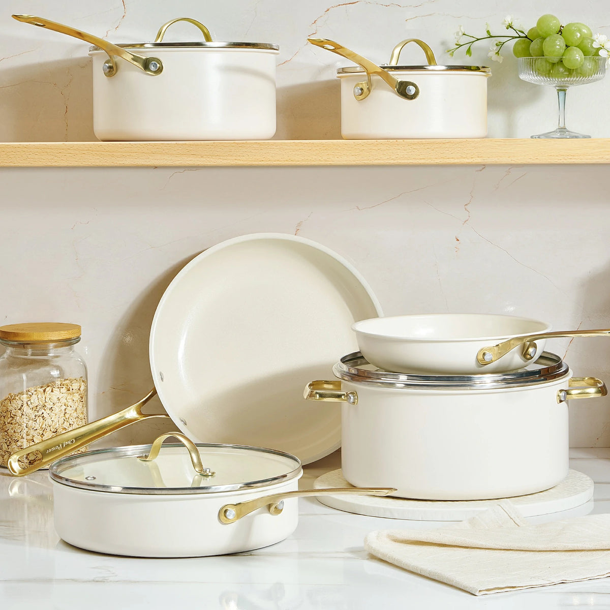Stars Ceramic Non-Stick 10-Piece Cookware Set with Light Golden Handles