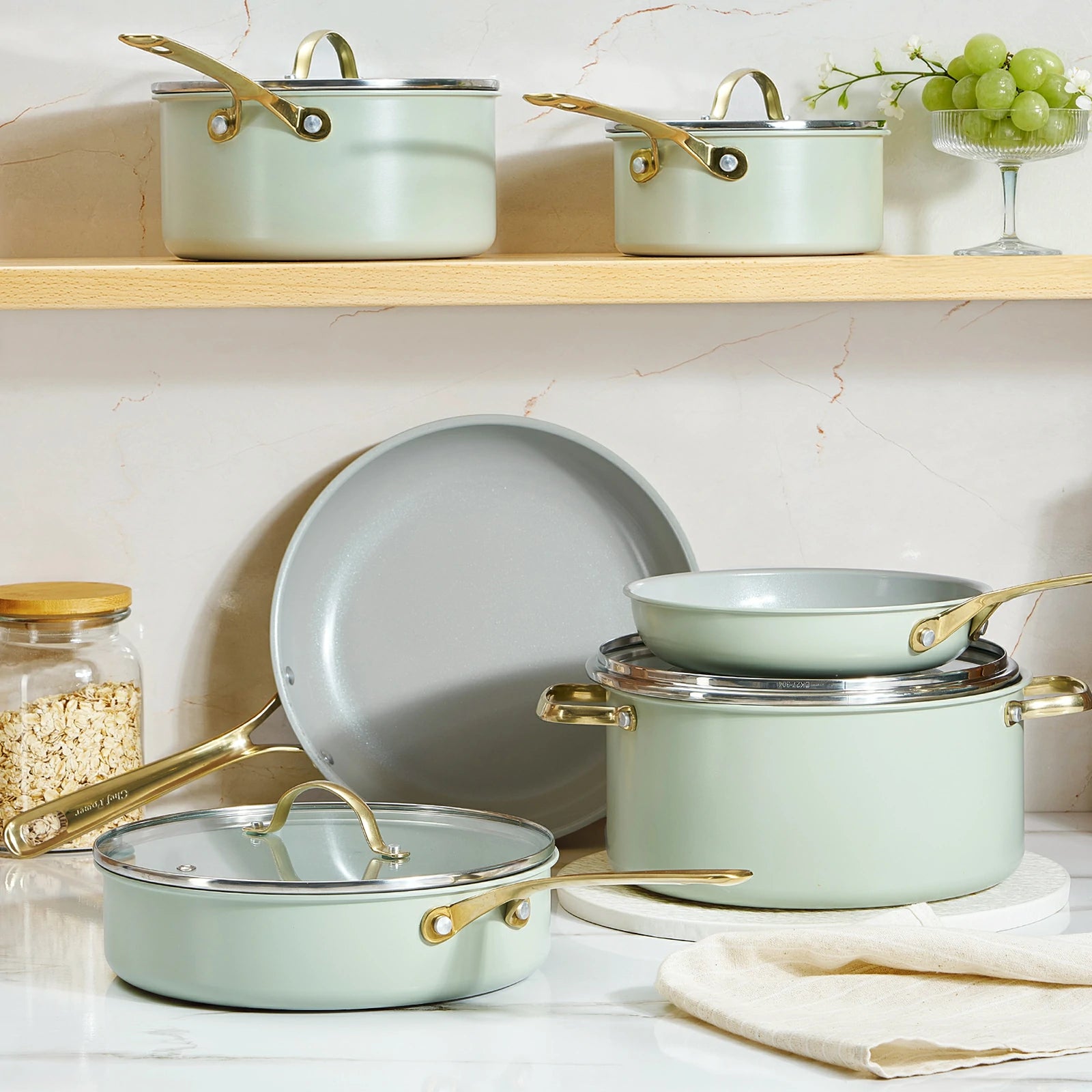 Chef Power Stars Nontoxic Ceramic 10-Piece Cookware Set Sage Green