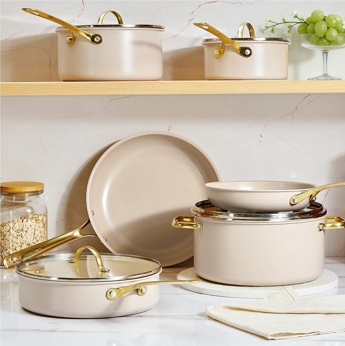 Stars Ceramic Non-Stick 10-Piece Cookware Set with Light Golden Handles