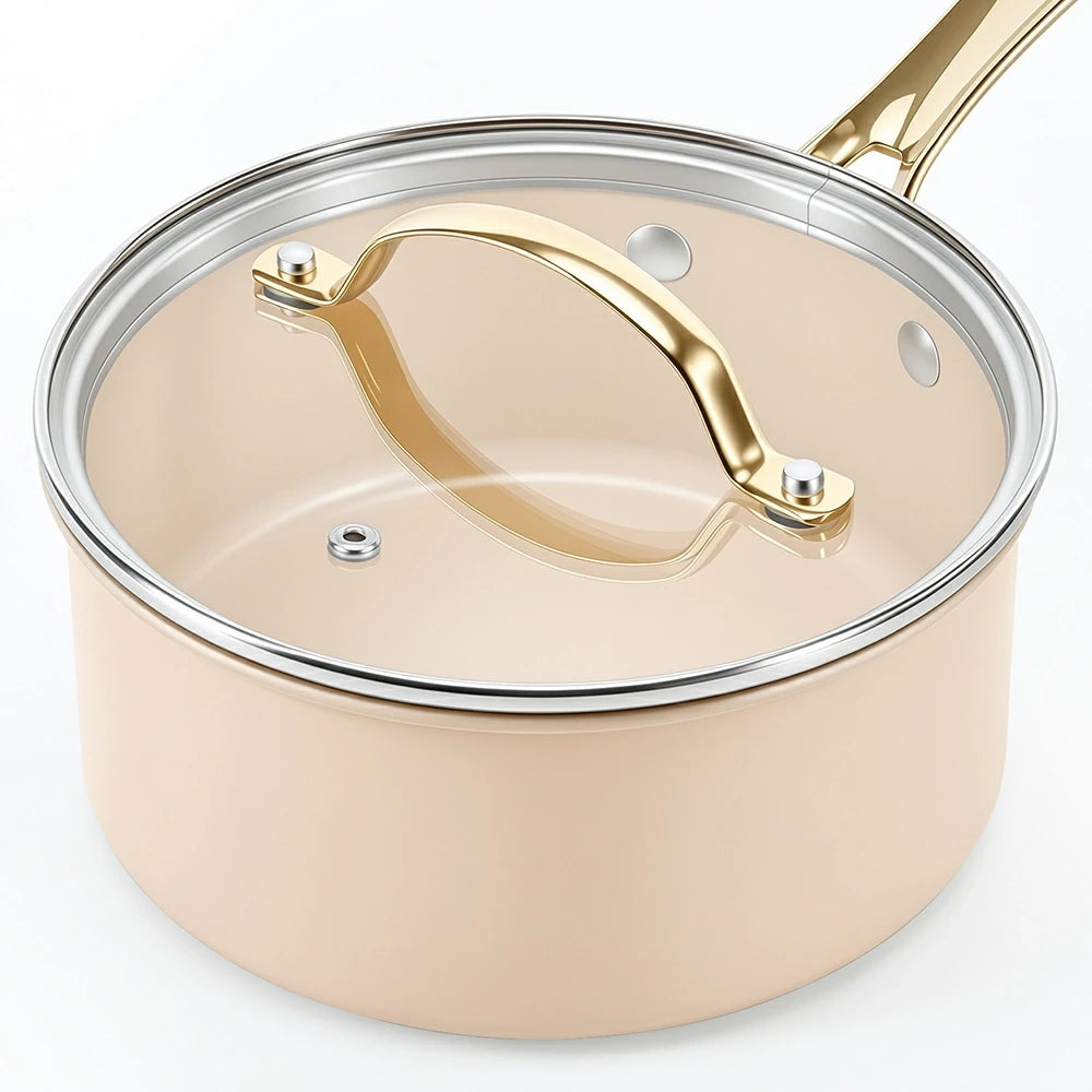 Chef Power Taupe 1.5QT Sauce Pan Tempered Glass Lid with Stainless Steel Rim Detail