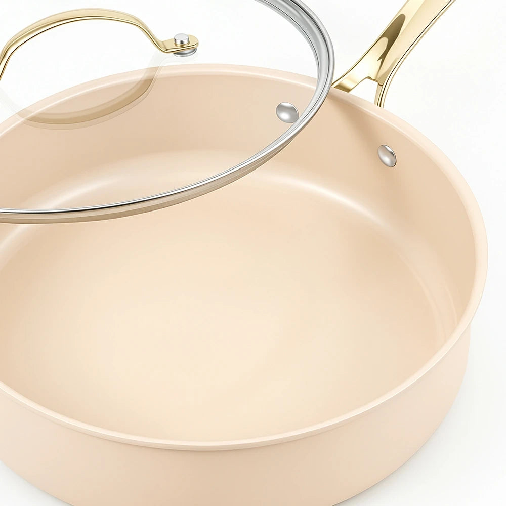 Chef Power Taupe Saute Pan Tempered Glass Lid with Satinless Steel Rim Detail