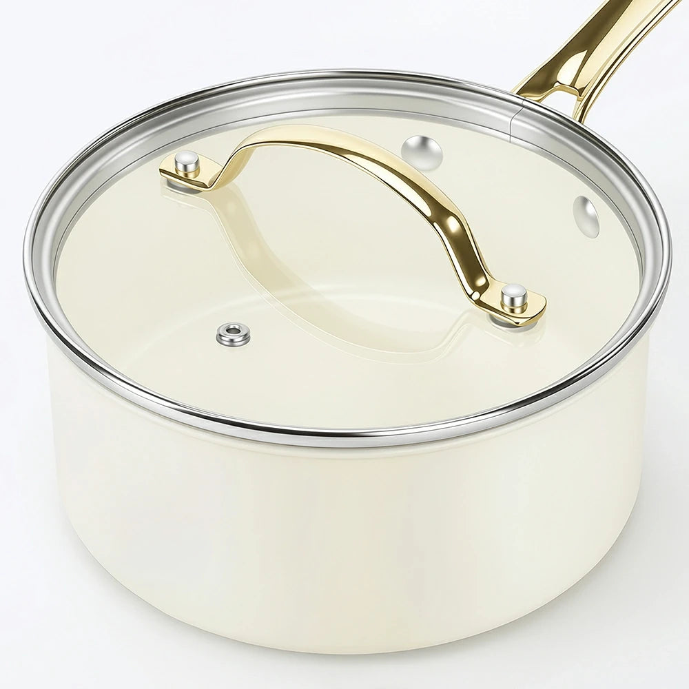 Chef Power White 1.5QT Sauce Pan Tempered Glass Lid with Stainless Steel Rim Detail