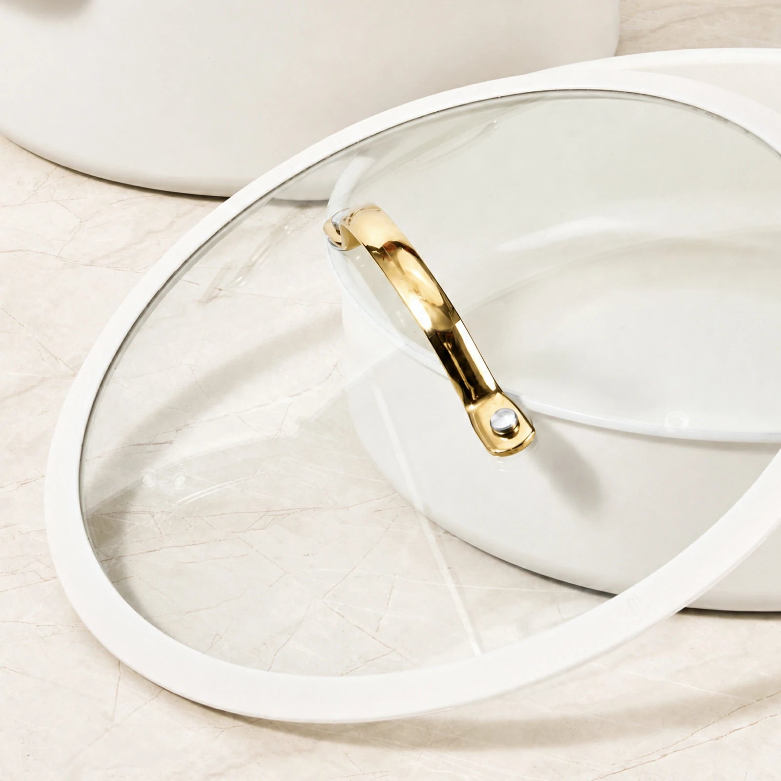 Chef Power White Tempered Glass Lid with Gold Handle Detail