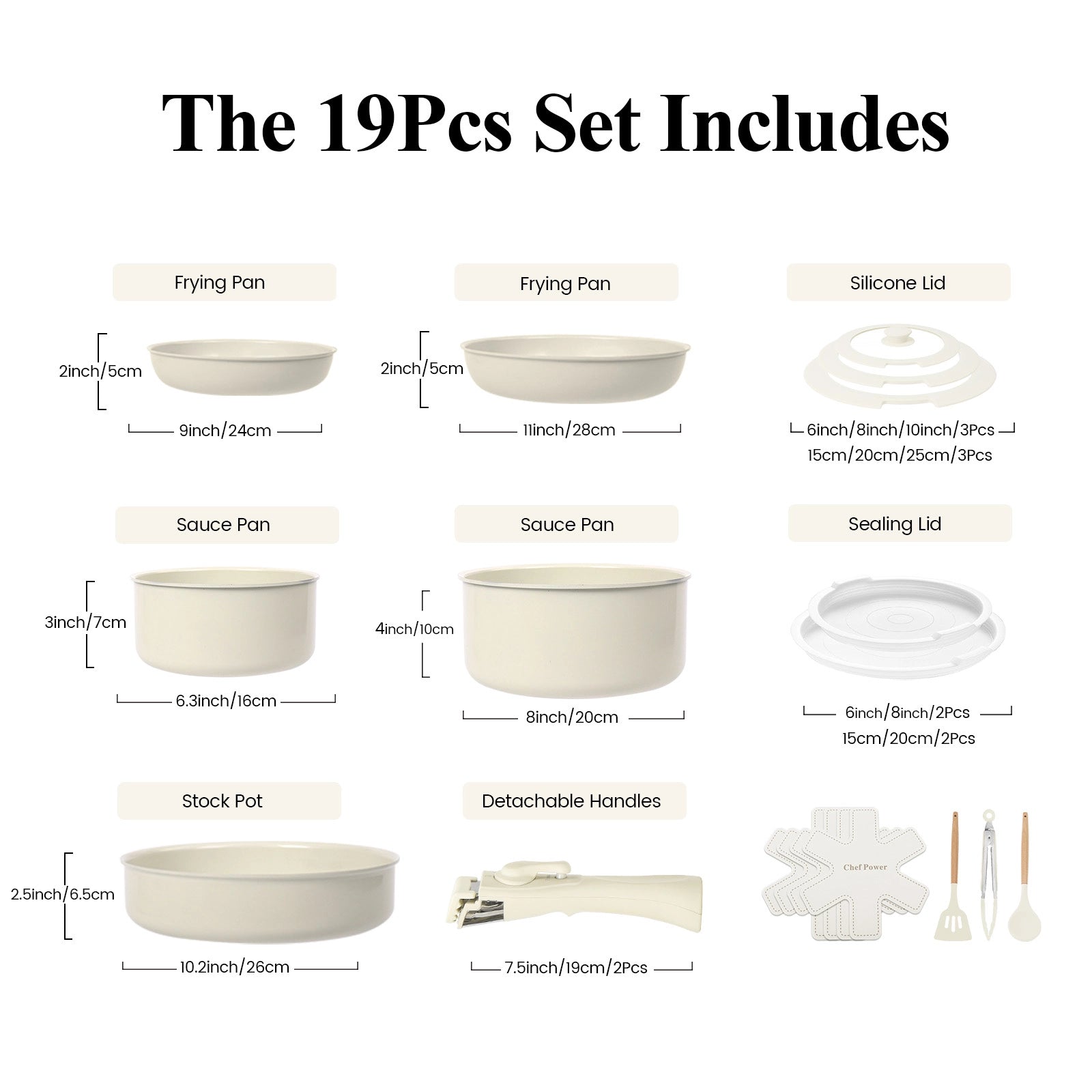 What is included in the detachable handle pans and pots set?