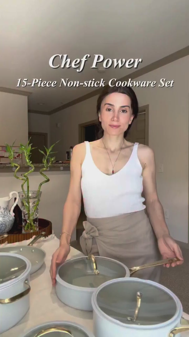 Chef Power Food creator demonstrates daily cooking using multi‑piece pots and pans set, cookware haul clip