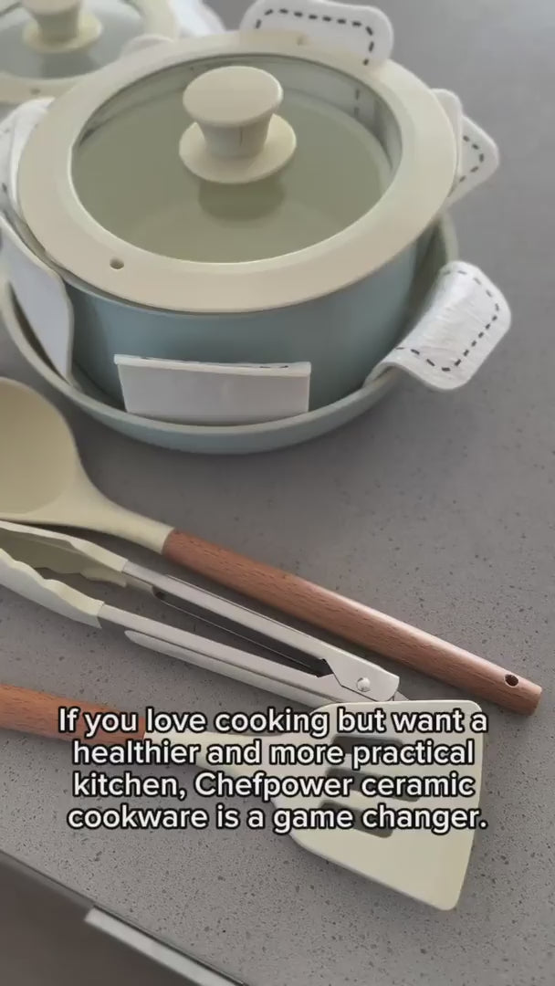 Creator showcasing stackable detachable cookware storage