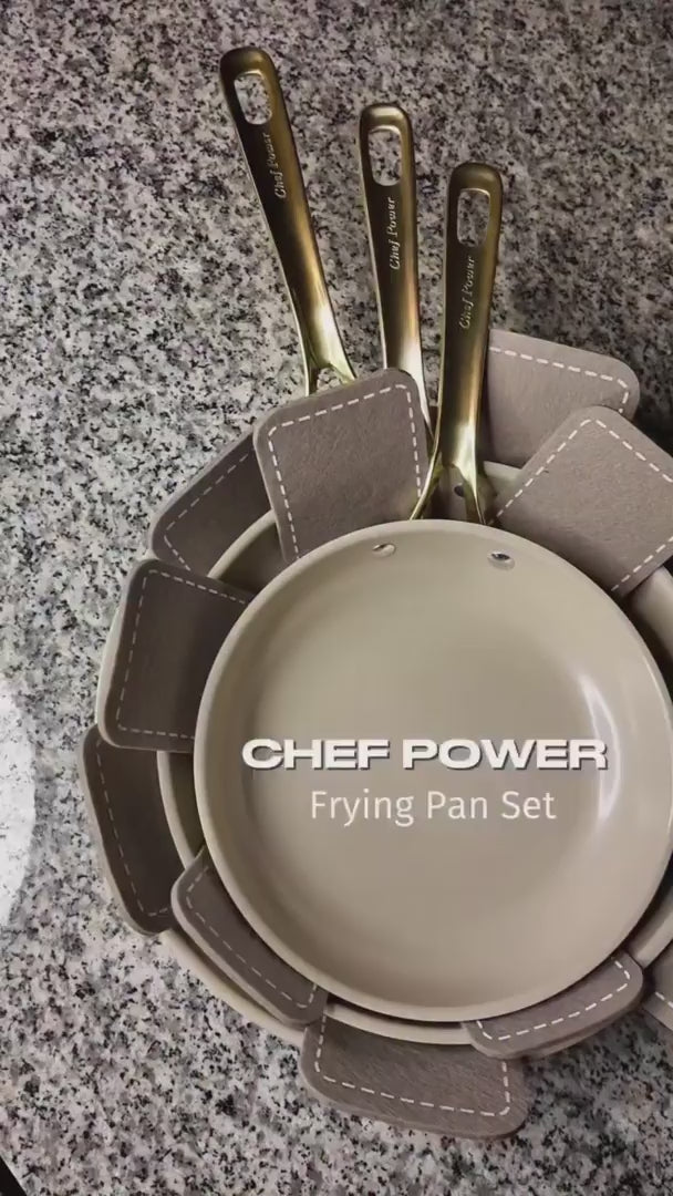Home chef preparing multiple breakfast foods at once with Chef Power ceramic triple frying pan