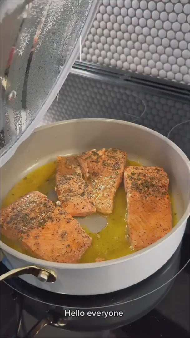 UGC video showing a home cook preparing a healthy meal with a PFAS-free ceramic nonstick cookware set, featuring even heating, easy food release, and effortless cleanup