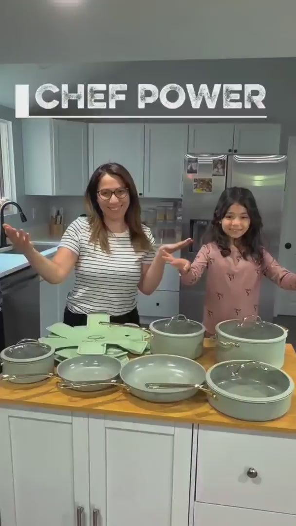 Influencer demonstrating Chef Power nonstick cookware in a home kitchen happy mother's day