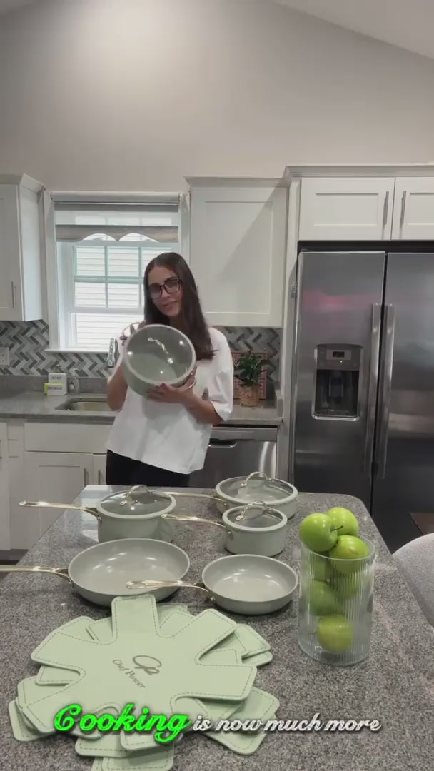 Real customer cooking with ceramic nonstick pots and pans in a modern kitchen, showcasing non-toxic cookware for everyday healthy cooking and family meals