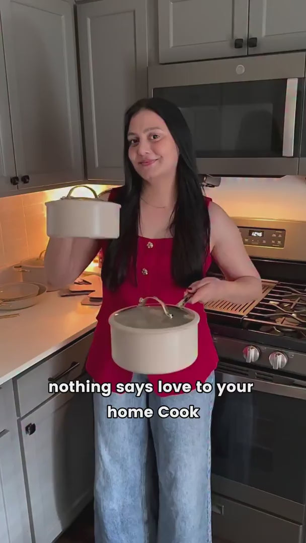 Influencer preparing healthy recipes using Chef Power ceramic cookware designed for everyday family cooking