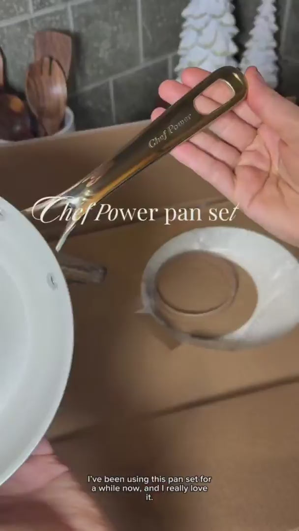 Content creator demonstrating even cooking and easy cleanup with the Chef Power ceramic triple compartment frying pan